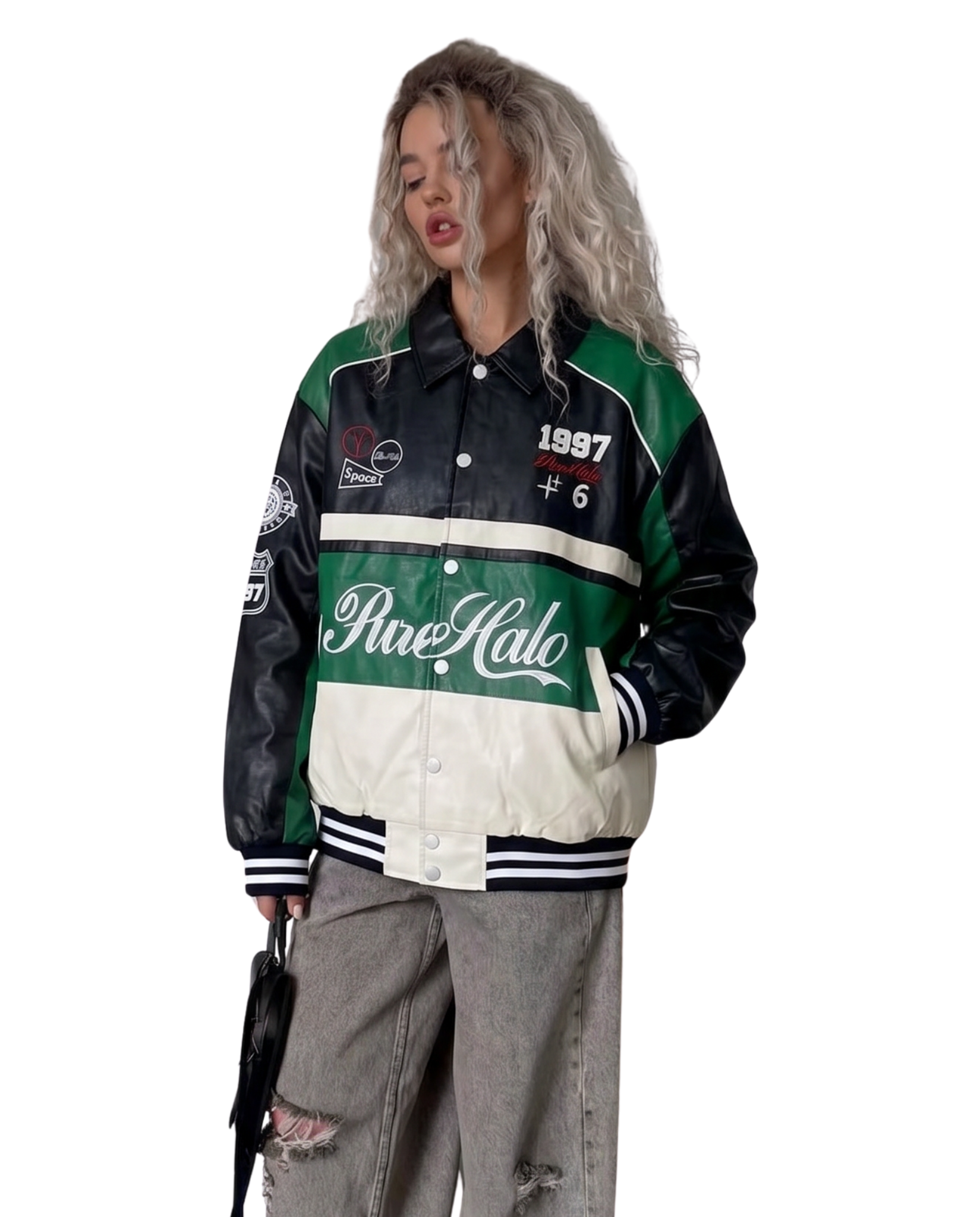 Unisex Leather Vintage Racing Motorcycle Graphic Bomber Jacket