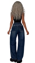 Y2K Aesthetic Script-Embroidered Wide Leg Jeans - Dark Indigo Wash