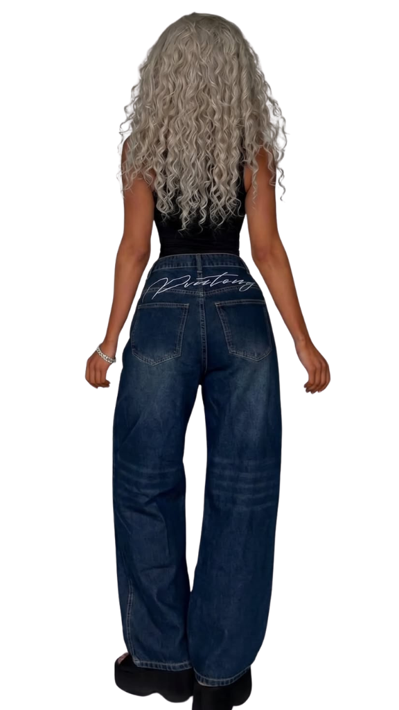 Y2K Aesthetic Script-Embroidered Wide Leg Jeans - Dark Indigo Wash