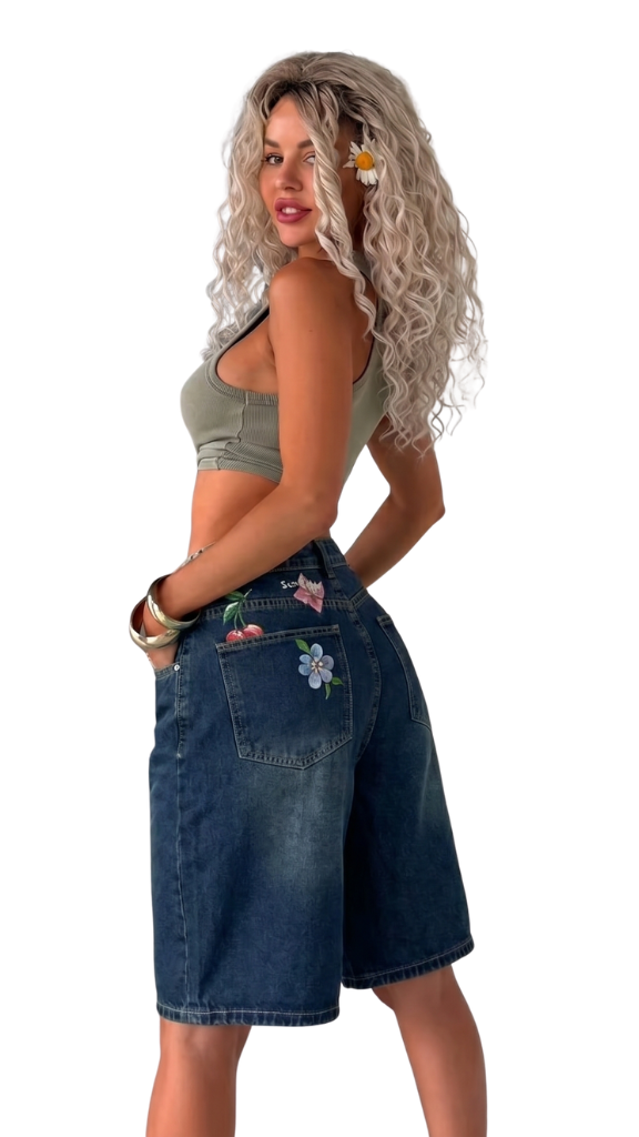Vintage Wash Slouchy Denim Jorts -custom painted back pocket