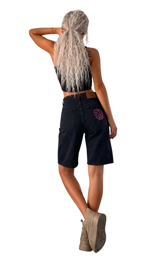 Black Wide-Leg Denim Jorts