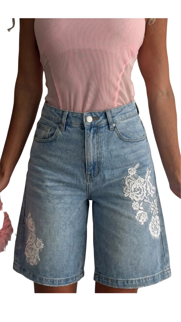 Light-Blue Longline Denim Shorts – White Lace Rose Edition