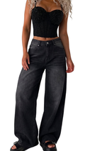Vintage Wash High-Waisted Wide Leg Jeans - Off-Black
