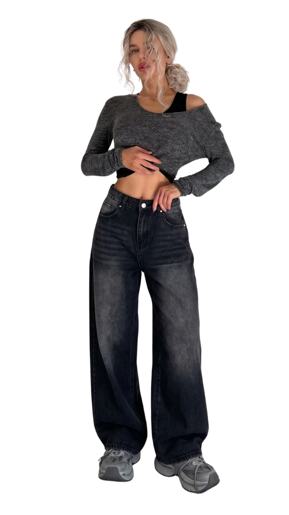 Women's Vintage Washed Black Baggy Jeans – High-Waisted Wide-Leg Denim, Slouchy Y2K Streetwear Pants