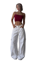 Women’s White Wide-Leg Cargo Jeans – High-Waisted Multi-Pocket Baggy Denim Pants, Y2K Utility Trousers