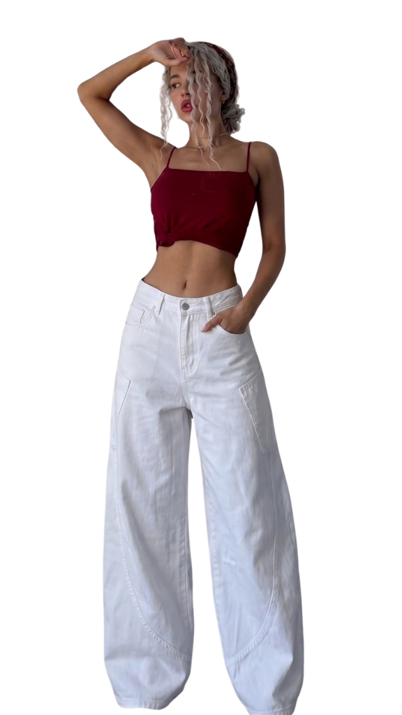 White Curved Seam Barrel Jeans