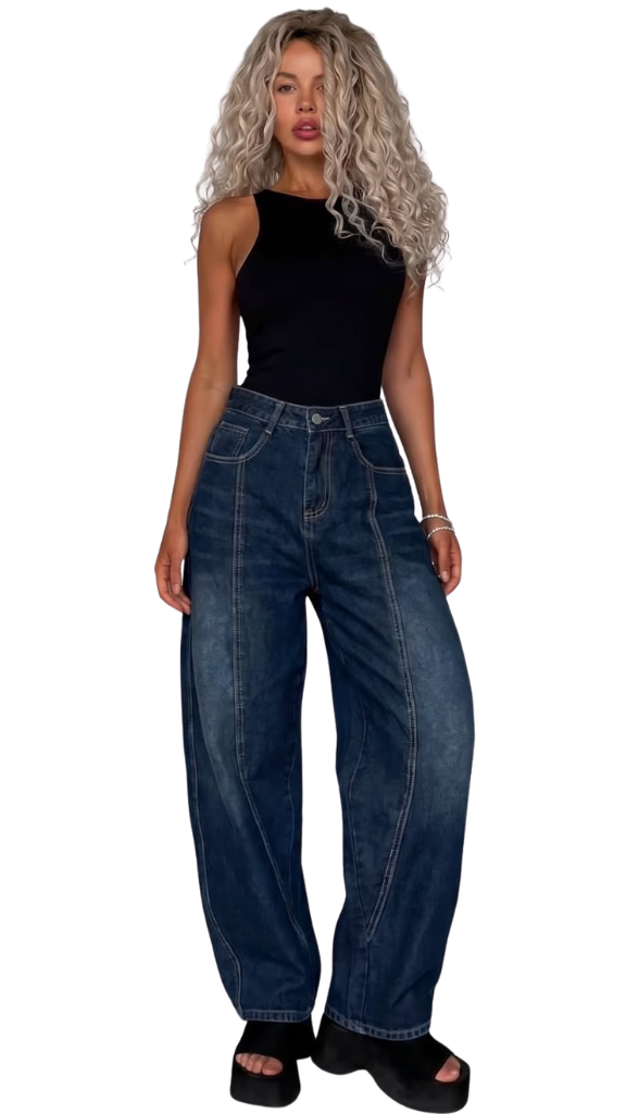 Y2K Aesthetic Script-Embroidered Wide Leg Jeans - Dark Indigo Wash