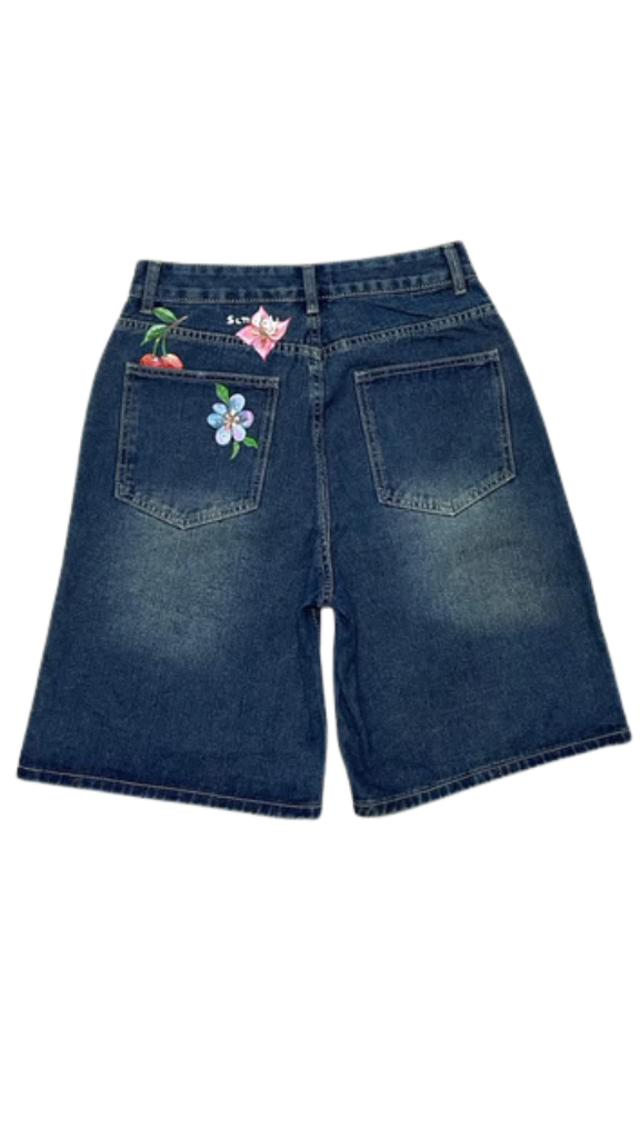 Vintage Wash Slouchy Denim Jorts -custom painted back pocket