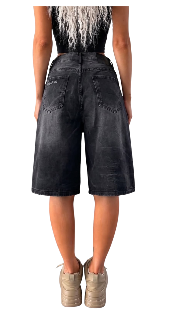 Vintage Washed Black Denim Jorts – High-Waisted Baggy Skater Shorts with Distressed Sand Wash