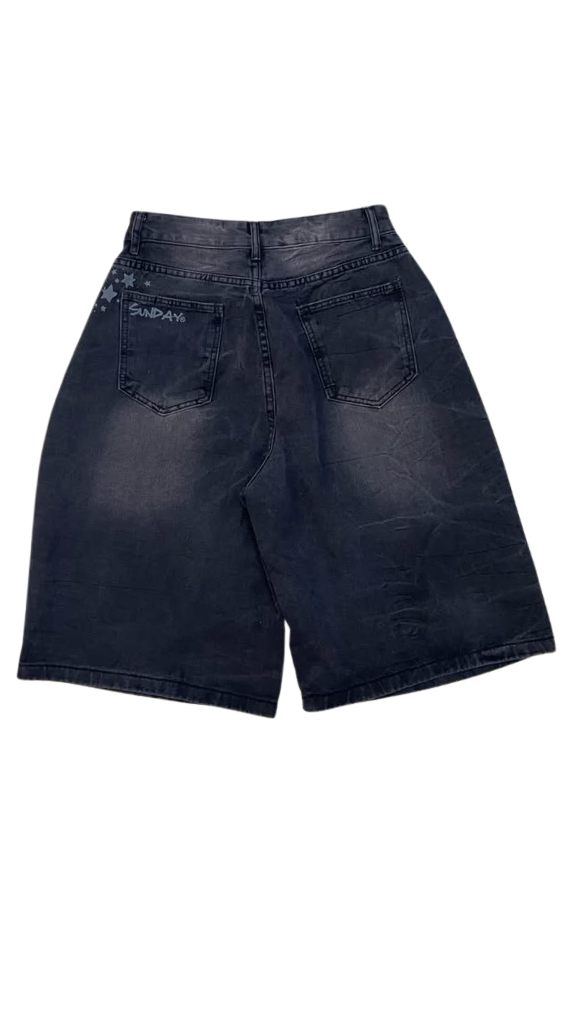 Vintage Washed Black Denim Jorts – High-Waisted Baggy Skater Shorts with Distressed Sand Wash