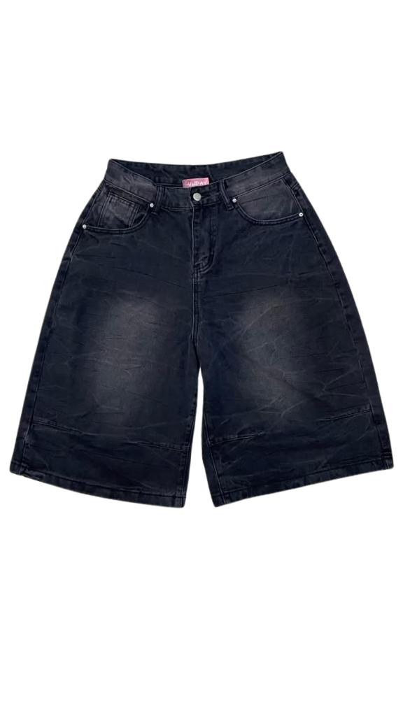 Vintage Washed Black Denim Jorts – High-Waisted Baggy Skater Shorts with Distressed Sand Wash