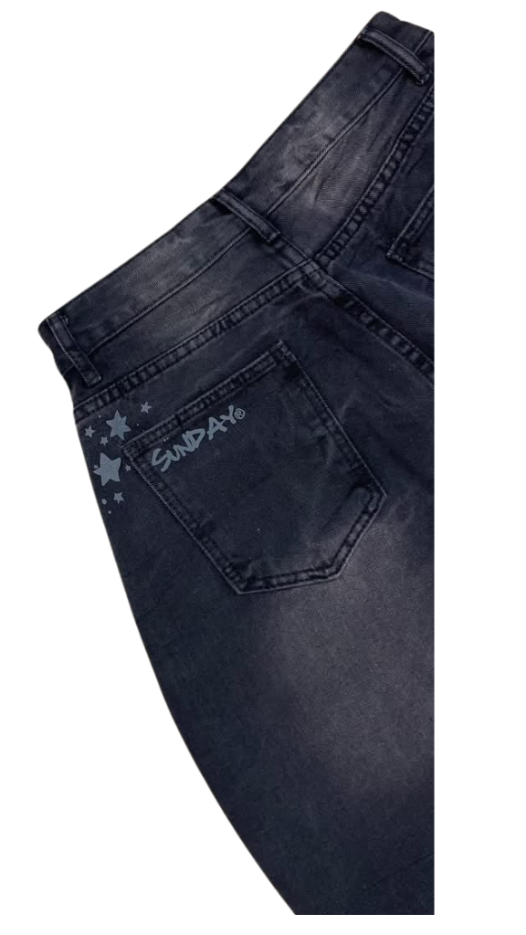 Vintage Washed Black Denim Jorts – High-Waisted Baggy Skater Shorts with Distressed Sand Wash