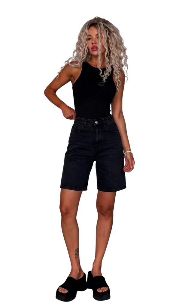 Black Wide-Leg Denim Jorts