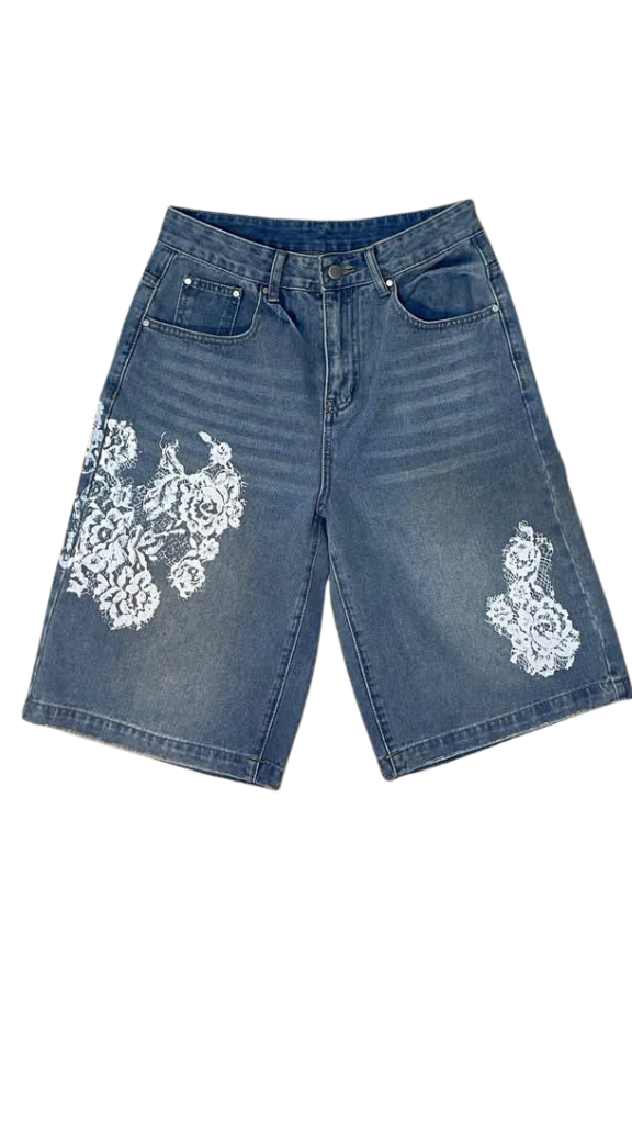 Light-Blue Longline Denim Shorts – White Lace Rose Edition
