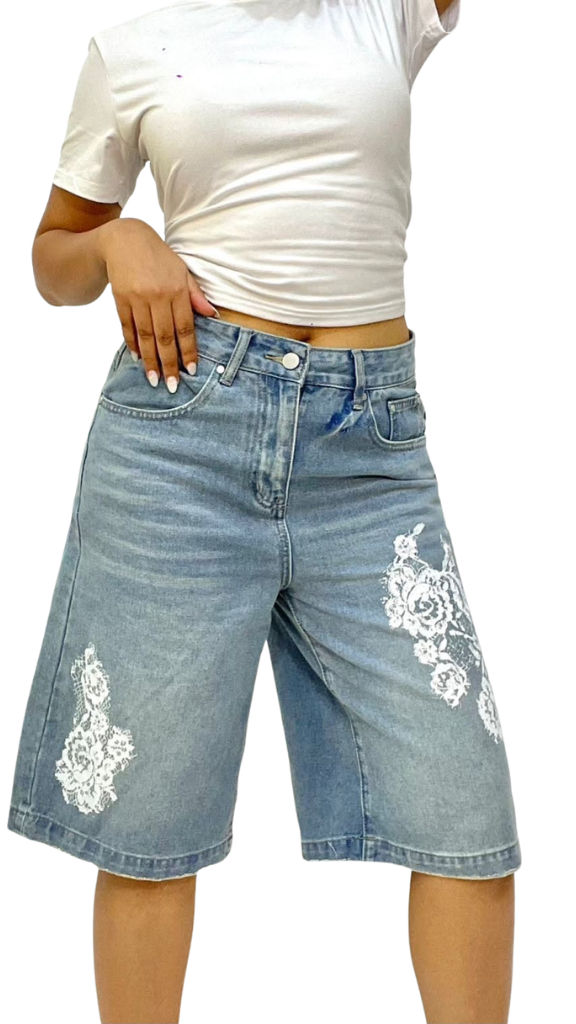 Light-Blue Longline Denim Shorts – White Lace Rose Edition