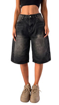 Vintage Washed Black Denim Jorts – High-Waisted Baggy Skater Shorts with Distressed Sand Wash