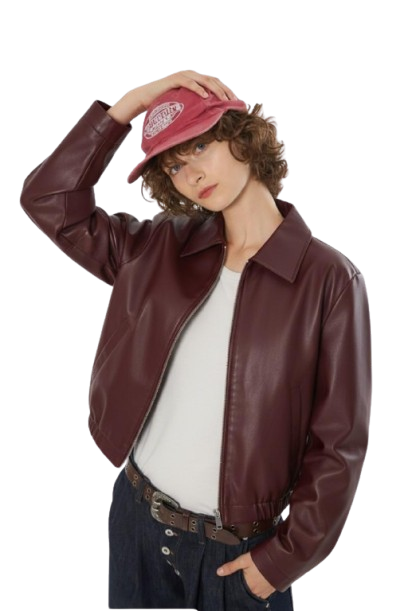 Burgundy Zip-Up Leather Jacket